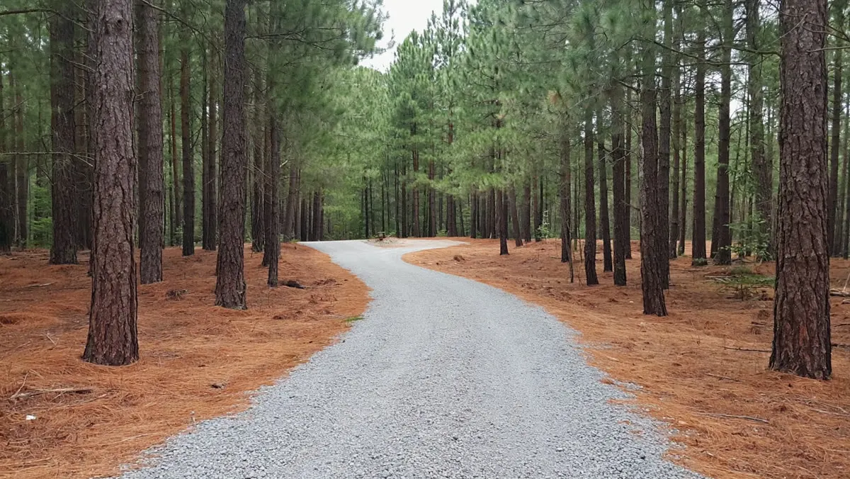 A new gravel driveway curving through tall pines