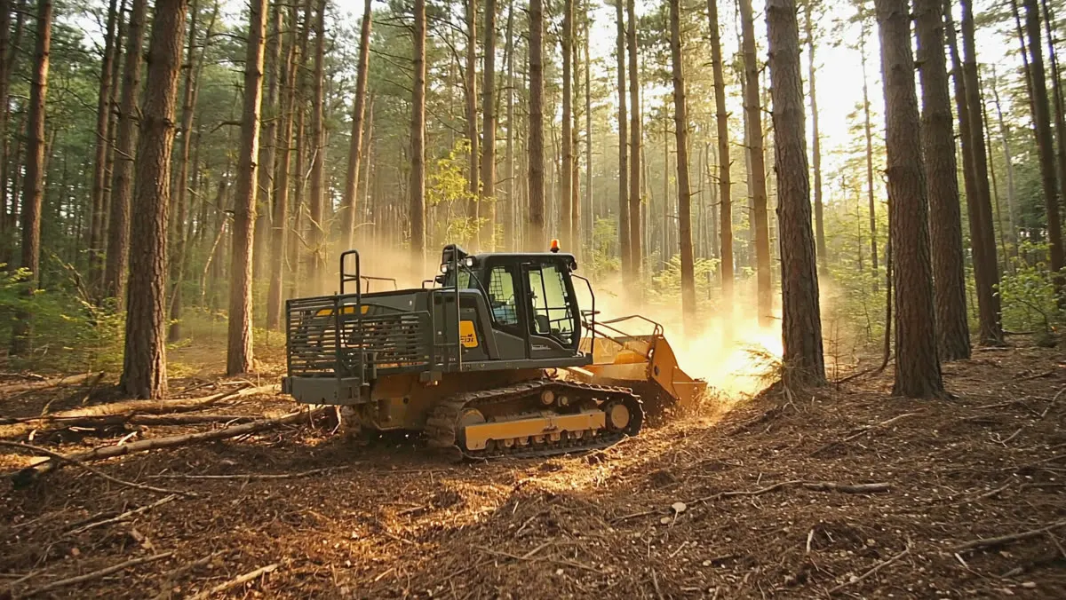 A forestry mulcher working through underbrush in a pine forest